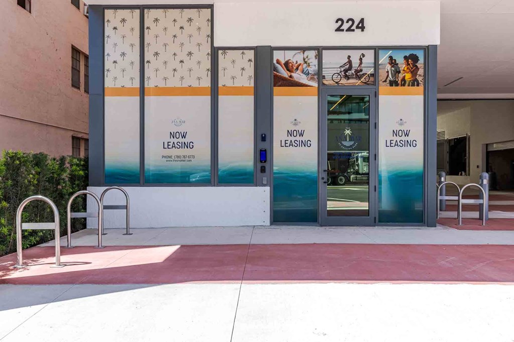 Exterior view of the leasing office at a pet-friendly Miami Beach apartment community, welcoming residents and visitors.