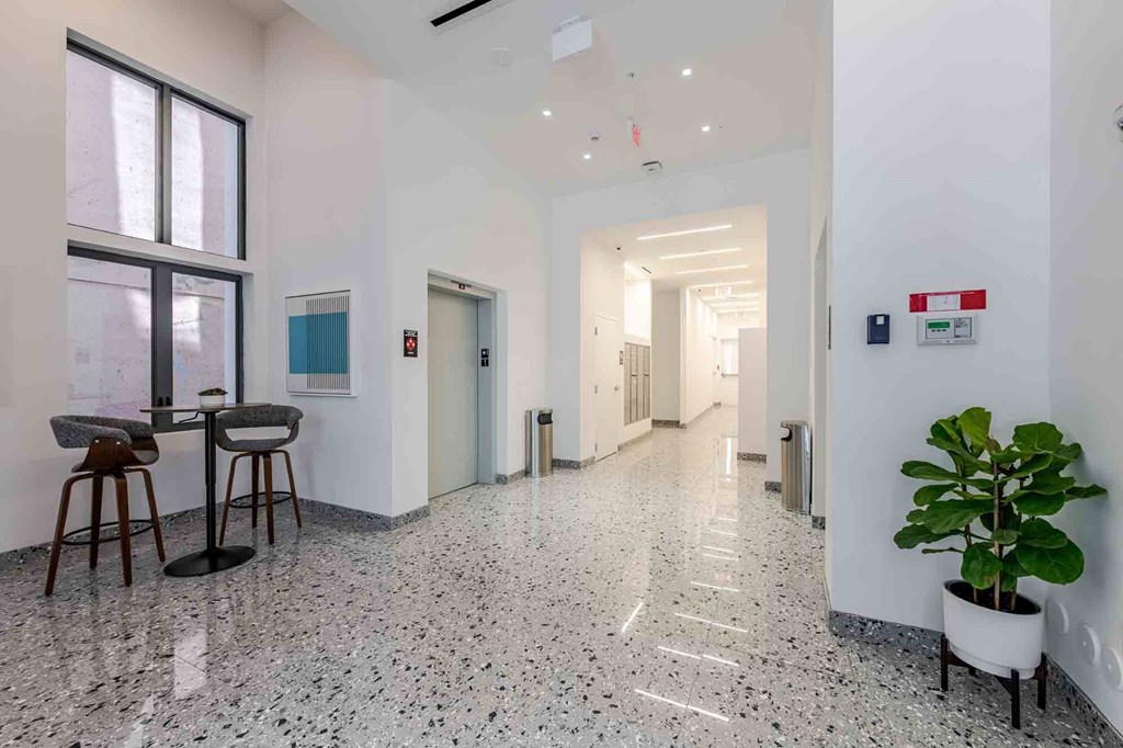 Hallway in a pet-friendly Miami Beach apartment community, featuring clean design, bright lighting, and easy access to residences.