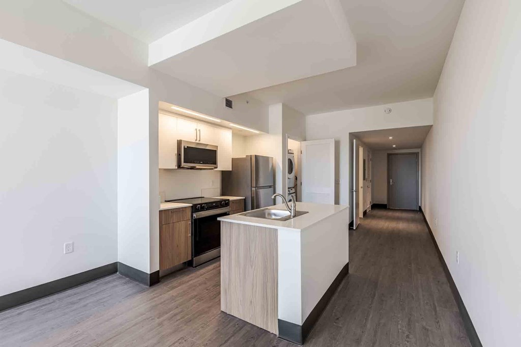 Pet-friendly home featuring a modern kitchen with a spacious island, energy-efficient appliances, and sleek countertops in a Miami Beach apartment.