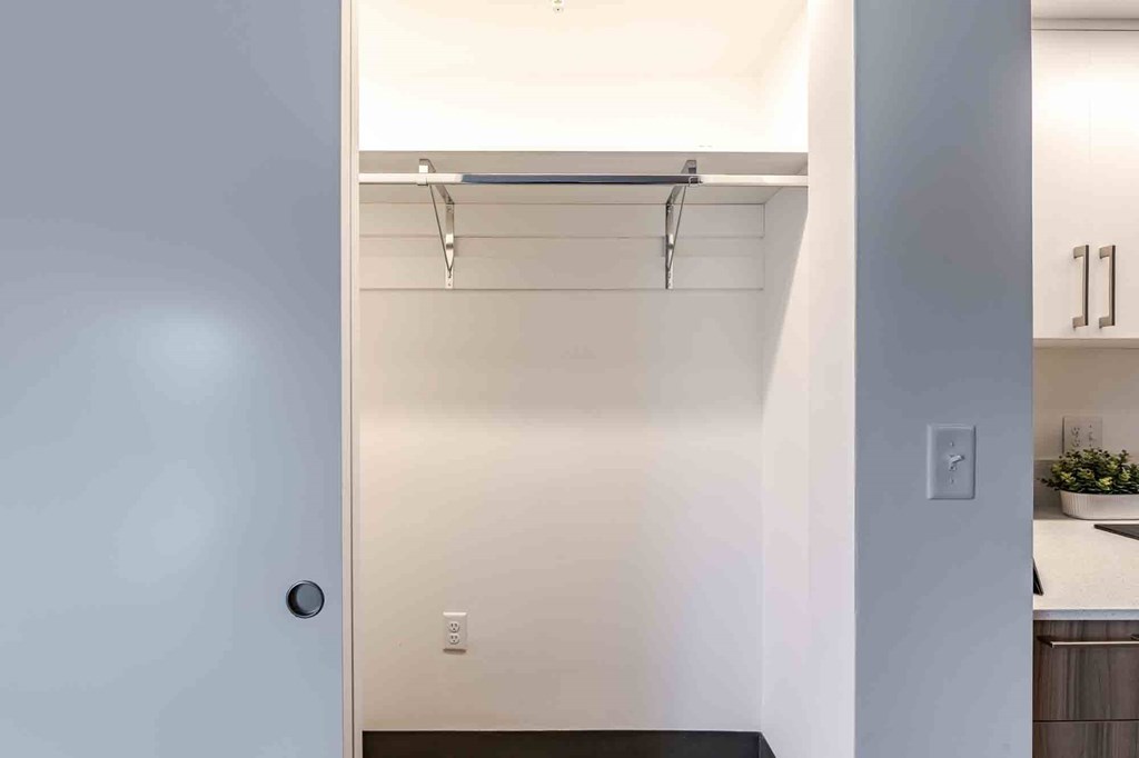 Spacious closet in a pet-friendly Miami Beach apartment, featuring built-in shelving and ample storage space for organized urban living.