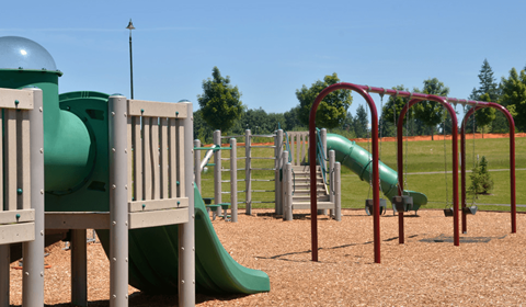A playground with a green slide and a red swing set.
