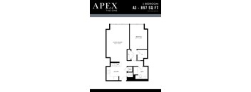 A black and white image of a floor plan for a 1 bedroom apartment.