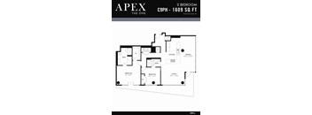 A black and white image of a 2 bedroom apartment floor plan.