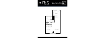 A black and white image of a floor plan for a studio apartment.