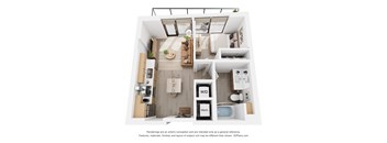 A 3D floor plan of a small apartment with a kitchen, living room, and bathroom.