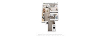 A 3D floor plan of a house with a kitchen, living room, and bathroom.