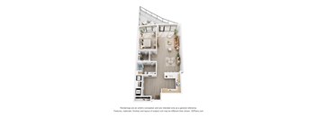 A 3D floor plan of a small apartment with a kitchen, living room, and bathroom.