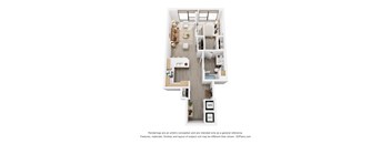 A 3D floor plan of a house with labeled rooms.