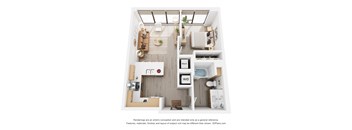 A 3D floor plan of a small apartment with a kitchen, living room, and bathroom.