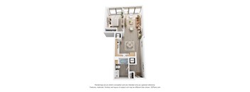 A 3D floor plan of a small apartment with a kitchen, living room, and bathroom.