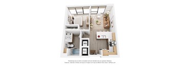 A 3D floor plan of a small apartment with a kitchen, living room, and bathroom.