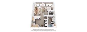A 3D floor plan of a small apartment with a kitchen, living room, and bathroom.