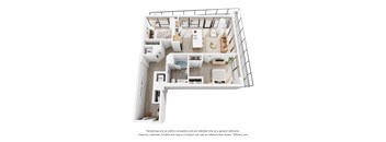A 3D floor plan of a house with a kitchen, living room, and bathroom.