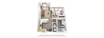 A 3D floor plan of a small apartment with a kitchen, living room, and bathroom.