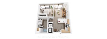 A 3D floor plan of a small apartment with a kitchen, living room, and bathroom.