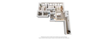 A 3D floor plan of a house with multiple rooms.