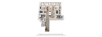 A 3D floor plan of a house with a living room, dining room, kitchen, and two bedrooms.