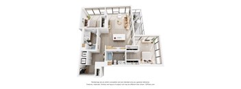 A 3D floor plan of a house with a kitchen, living room, and bathroom.