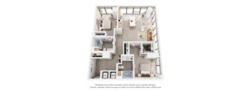 A 3D floor plan of a small apartment with a kitchen, living room, and bathroom.