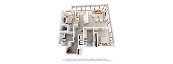 A 3D floor plan of a house with a kitchen, living room, and bedrooms.
