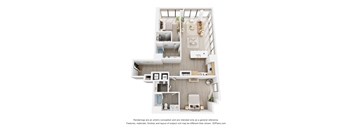 A 3D floor plan of a small apartment with a kitchen, living room, and bathroom.