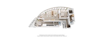 A 3D floor plan of a house with a kitchen, living room, and bedrooms.