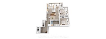 A 3D floor plan of a house with a kitchen, living room, and bedrooms.