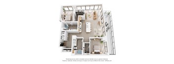 A 3D floor plan of a house with labeled rooms.