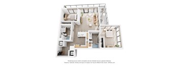 A 3D floor plan of a house with labeled rooms.