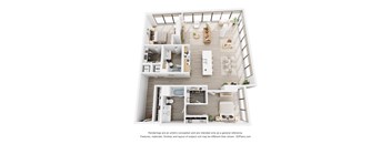 A 3D floor plan of a small apartment with a kitchen, living room, and bedrooms.