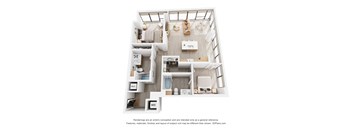 A 3D floor plan of a house with labeled rooms.