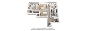 A 3D floor plan of a house with a kitchen, living room, and two bedrooms.