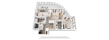 A 3D floor plan of a house with a kitchen, living room, and bedrooms.
