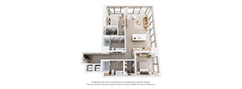 A 3D floor plan of a small apartment with a kitchen, living room, and bathroom.