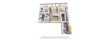 A 3D floor plan of a house with labeled rooms.