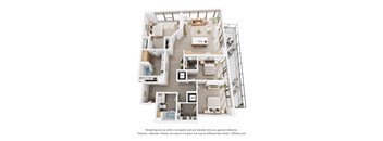 A 3D floor plan of a house with a kitchen, living room, and bedrooms.