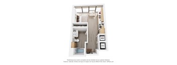 A 3D floor plan of a small apartment with a kitchen, bathroom, and bedroom.