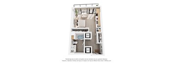 A 3D floor plan of a small apartment with a kitchen, living room, and bathroom.
