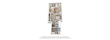 A 3D floor plan of a small apartment with a kitchen, living room, and bathroom.