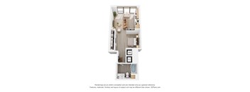 A 3D floor plan of a small apartment with a kitchen, living room, and bathroom.