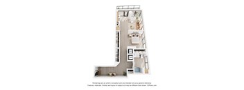 A 3D floor plan of a house with a kitchen, living room, and bathroom.