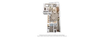A 3D floor plan of a small apartment with a kitchen, living room, and bathroom.