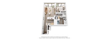 A 3D floor plan of a small apartment with a kitchen, living room, and bathroom.