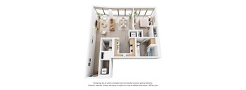 A 3D floor plan of a small apartment with a kitchen, living room, and bathroom.