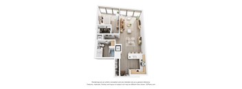 A 3D floor plan of a small apartment with a kitchen, living room, and bathroom.