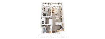A 3D floor plan of a small apartment with a kitchen, living room, and bathroom.