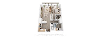 A 3D floor plan of a house with a kitchen, living room, and bathroom.
