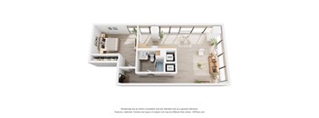 A 3D floor plan of a small apartment with a kitchen, living room, and bathroom.