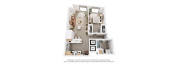 A 3D floor plan of a two-bedroom apartment with a living room, kitchen, and bathroom.