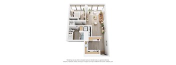 A 3D floor plan of a small apartment with a kitchen, living room, and bathroom.